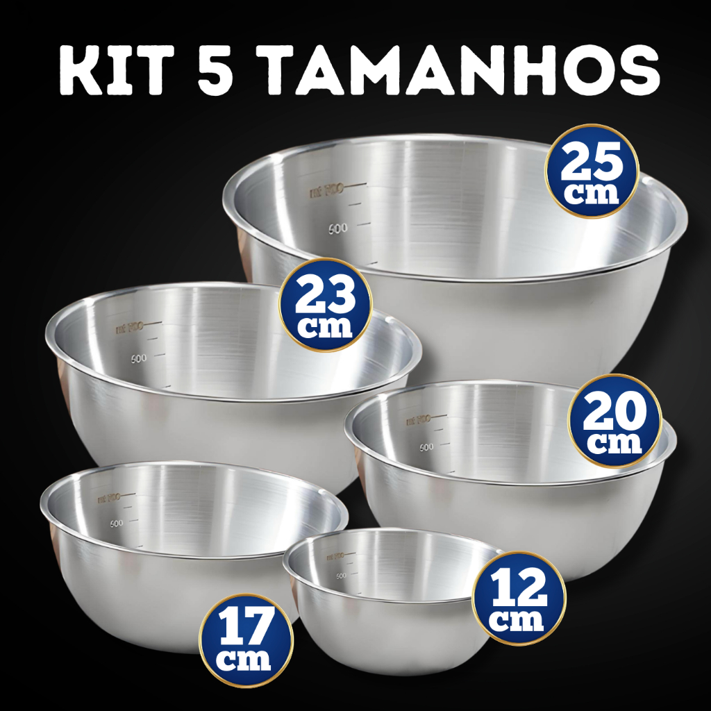 Kits Tigelas Bowl Inox Escovado Alta Qualidade com Marcador de Medidas
