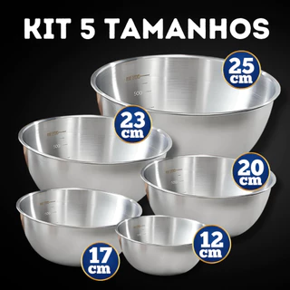 Kits Tigelas Bowl Inox Escovado Alta Qualidade com Marcador de Medidas