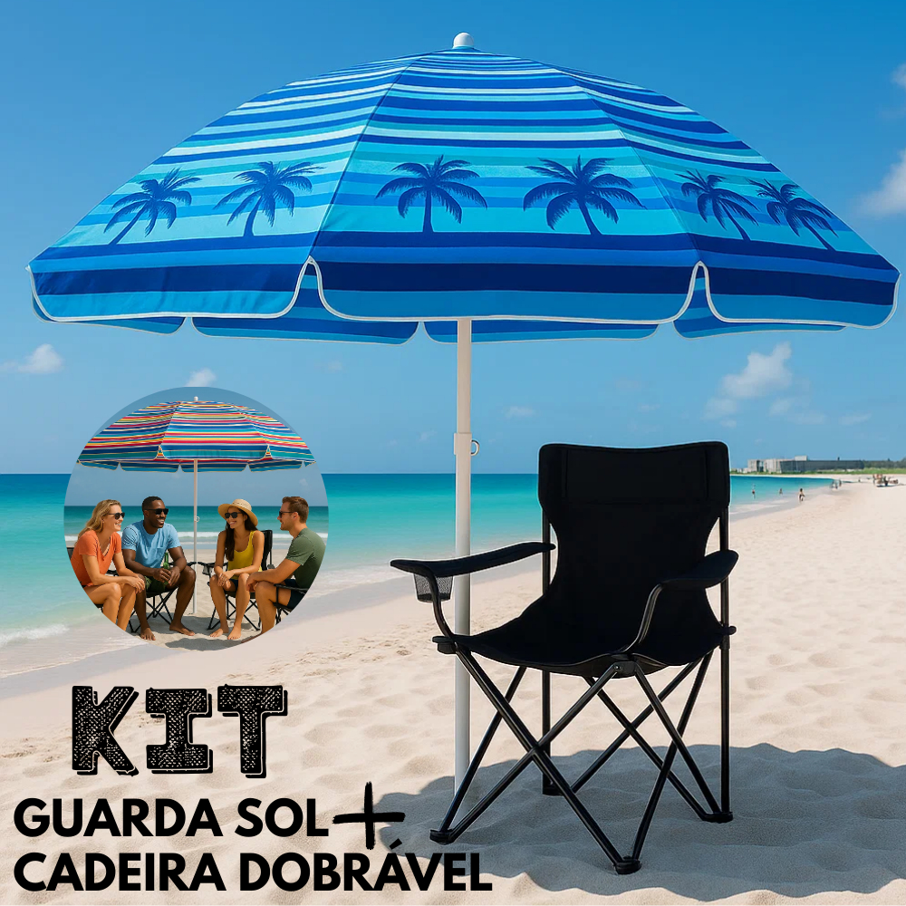 Guarda Sol Praia 2,40mt + Cadeira Dobrável Reforçada | Kit Completo Verão Férias Proteção e Conforto