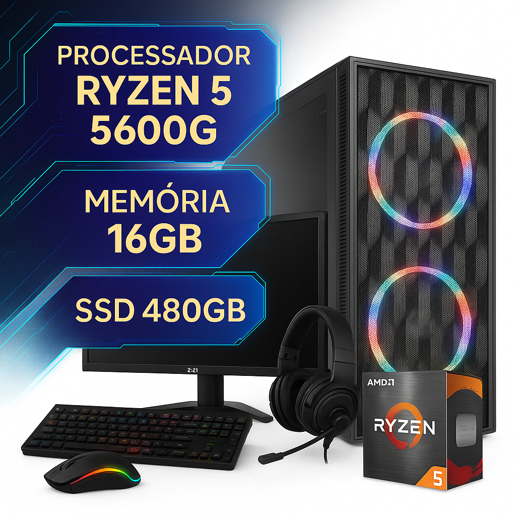 Foto de Computador Gamer AMD Ryzen 5 5600G 16GB SSD 480GB | Monitor 22" | Kit Completo RGB | Wi-Fi | Windows 11 Pro | PC Pronto