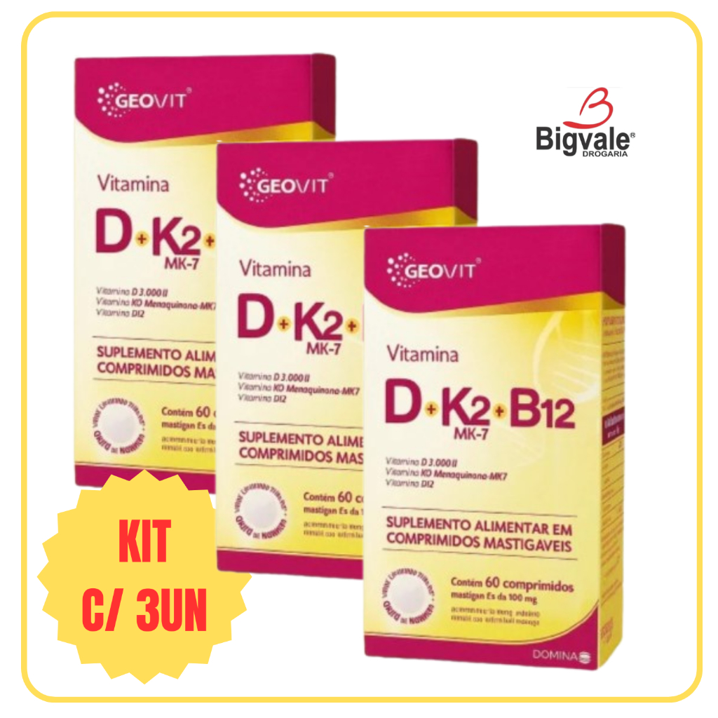 Vitamina D + K2 Mk7 + B12 Geovit Sabor Morango | 60 Comprimidos ...