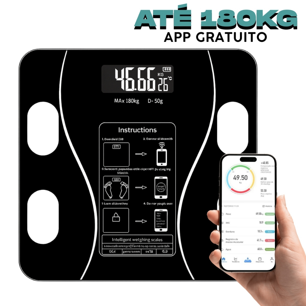Balança Bioimpedância Medidora Corporal Bluetooth Digital Até 180 Kg