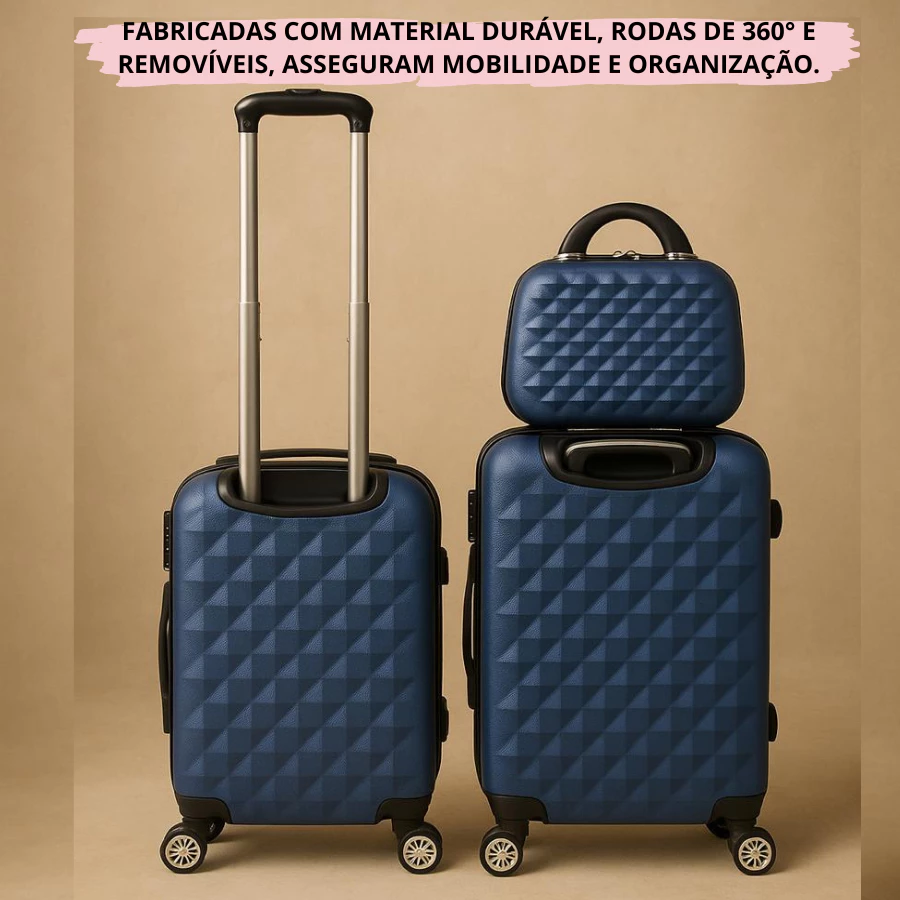 Kit 3 Malas de Viagem, Padrão ANAC, ABS Rígido, Rodas 360º e Sistema Antifurto