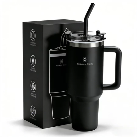 ROMANTIC CROWN Copo Térmico Inox Portátil 1200ml/600ml com Tampa e Canudo Garrafa Térmica Inoxidável