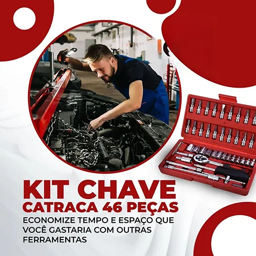 Kit Jogo De Chave Catraca Soquete 46 Peças Combo Com Maleta Jogo De Ferramentas Completo