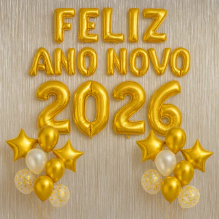 Kit Balão Ano Novo 2026 80 cm + 10 Bexigas + 2 Cortinas Metalizadas Reveillon