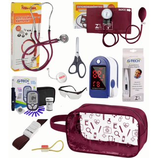 Super Kit Enfermagem Aparelho de Pressão + Estetoscópio  Premium Completo + Oximetro + Nécessaire Vinho Preto Pink Lilás em Oferta na Shopee