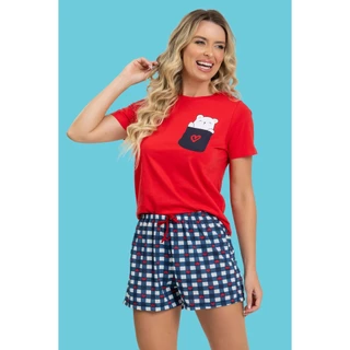 Pijama Feminino Ursinha No Bolso Marinho Manga Curta Verão Confortável Camiseta Em 100% ALGODÃO em Oferta na Shopee