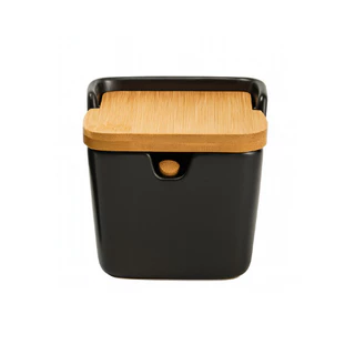 Saleiro Preto Porta Sal Cerâmica com Tampa de Bambu Colher Açucareiro Mesa