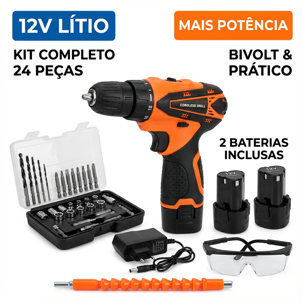 Furadeira Parafusadeira 12V - Furadeira sem Fio, 20NM, 24 Peças, 2 Baterias 1300mAh, Ideal para Casa