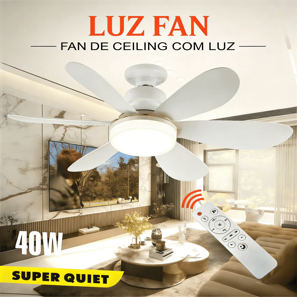 Ventilador de Teto com Luz 40W LED Lâmpada E27 Controle Remoto Luminária 6 Hélices Bivolt