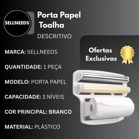 Porta Papel Toalha Triplo Suporte Rolos de Cozinha 3 em 1