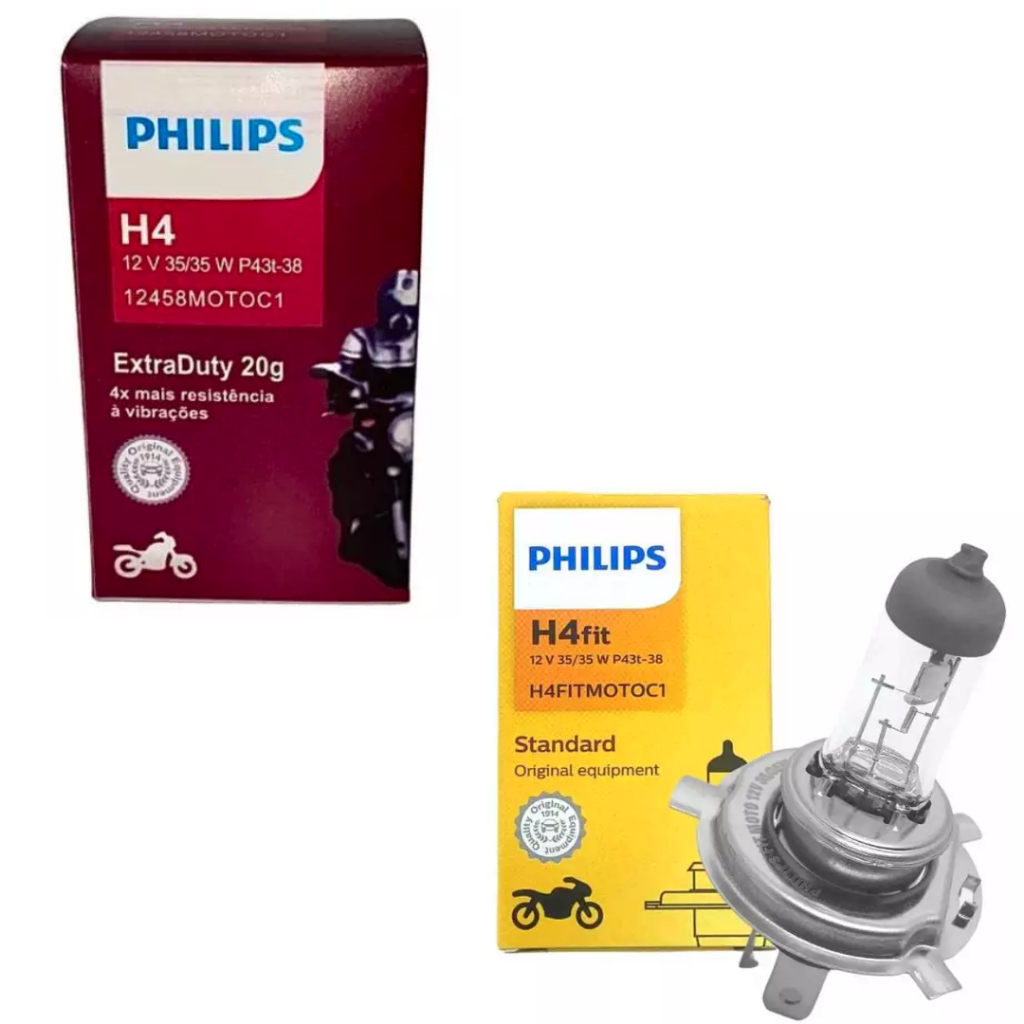 Lâmpada Farol H4 Moto Philips Fit 35/35W Extraduty Original Alta Resistência a Vibrações Envio Roxa ou Amarela