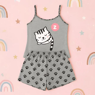 Baby Doll Infantil Malha Confort Gatinho Cinza Pijama de Verao Roupa De Dormir Short Doll Menina em Oferta na Shopee