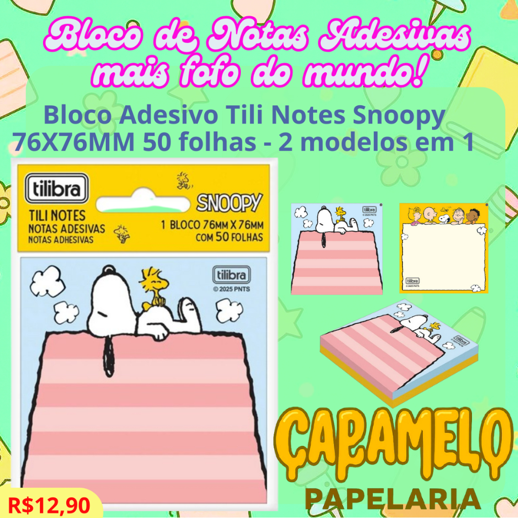 Bloco Adesivo Tili Notes Snoopy 76X76MM 50 folhas - 2 modelos em 1 ...