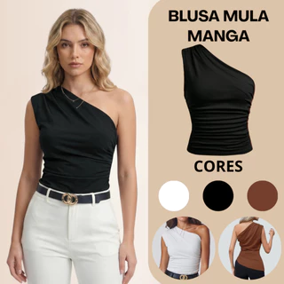 Regata Feminina Mula Manca Assimétrica Franzida Plissada Natal Casual Ombro Único Elegante em Oferta na Shopee