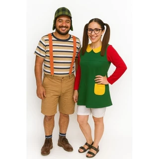 fantasia kit casal chaves e Chiquinha completo adulto OBS ; chaves vem com a boina verde ou marrom do chaves,sem óculo