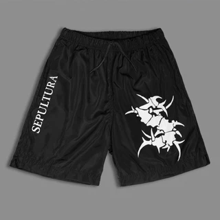 Short Masculino Banda Sepultura Brazilian Metal Band Estampa Rock Metal Streetwear Preto Tecido Leve