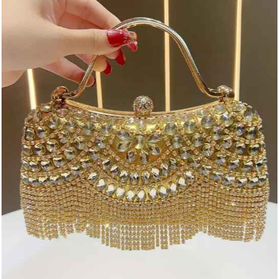 Bolsa elegante e brilhante com alças de strass DOURADO Com Franjas para ...