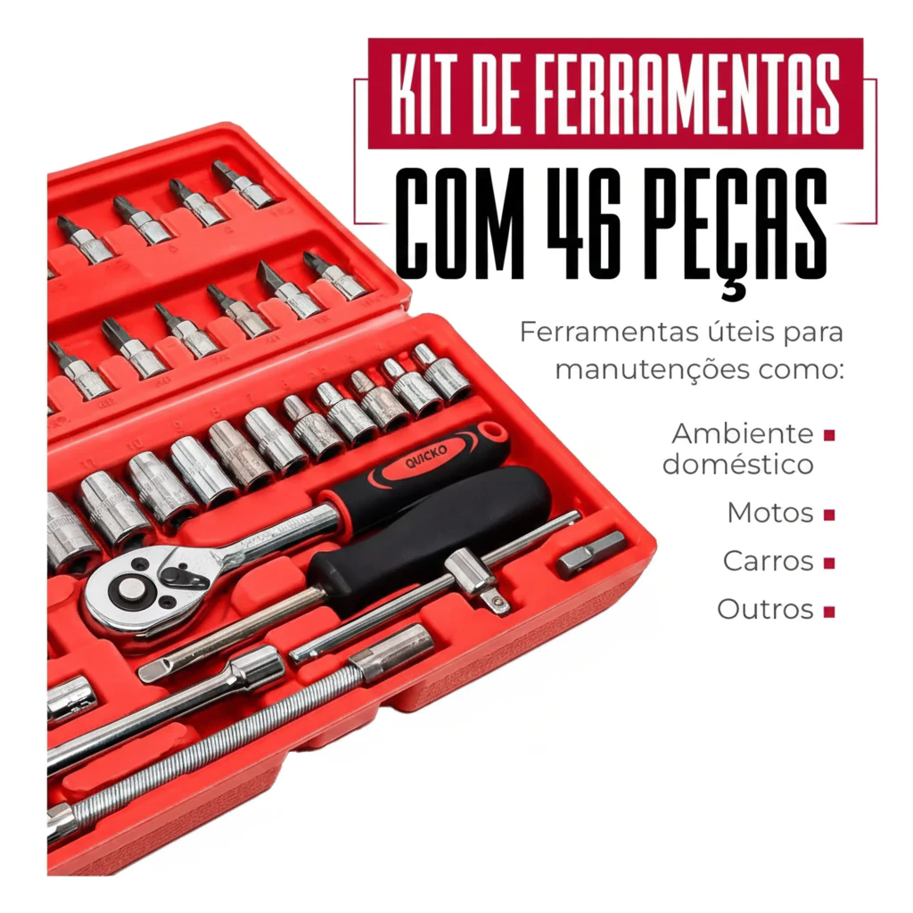 Kit De Ferramentas 46 Peças Jogo De Soquetes Chave Catraca Reversível Com Maleta Jogo De Ferramentas Completo Diversas..