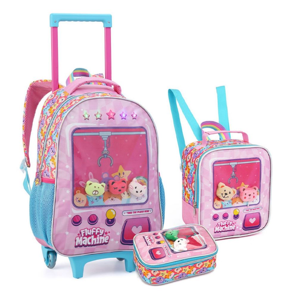 Kit Mochila De Rodinha Infantil Escolar Rosa Com Lancheira e Estojo ...