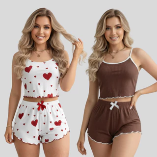 Kit 2 Conjuntos Baby Doll Feminino Canelado – Pijama Curto Confortável de Verão em Oferta na Shopee