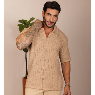 Camisa OVERSIZE modelagem ampla masculina com botões tricot gola polo texturizado linha premium chique verão 2026 RI06