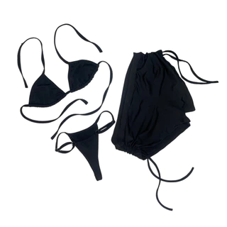 Conjunto Moda praia 3 Peças Biquíni Cortininha + Calcinha Fita + Sunquini Shortinho Verão Preto em Oferta na Shopee