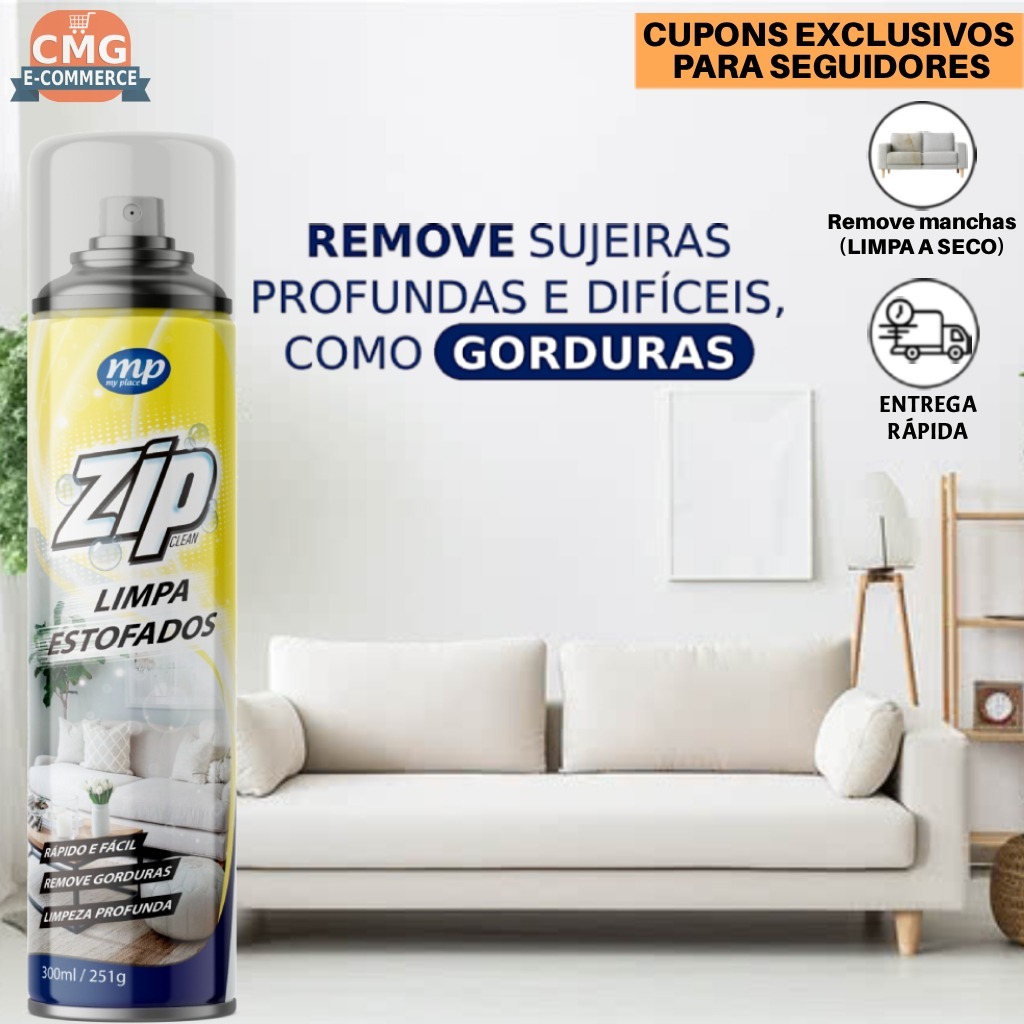Limpa Estofados Zip Clean 300ml Spray Espuma Mágica a Seco p/ Sofá ...