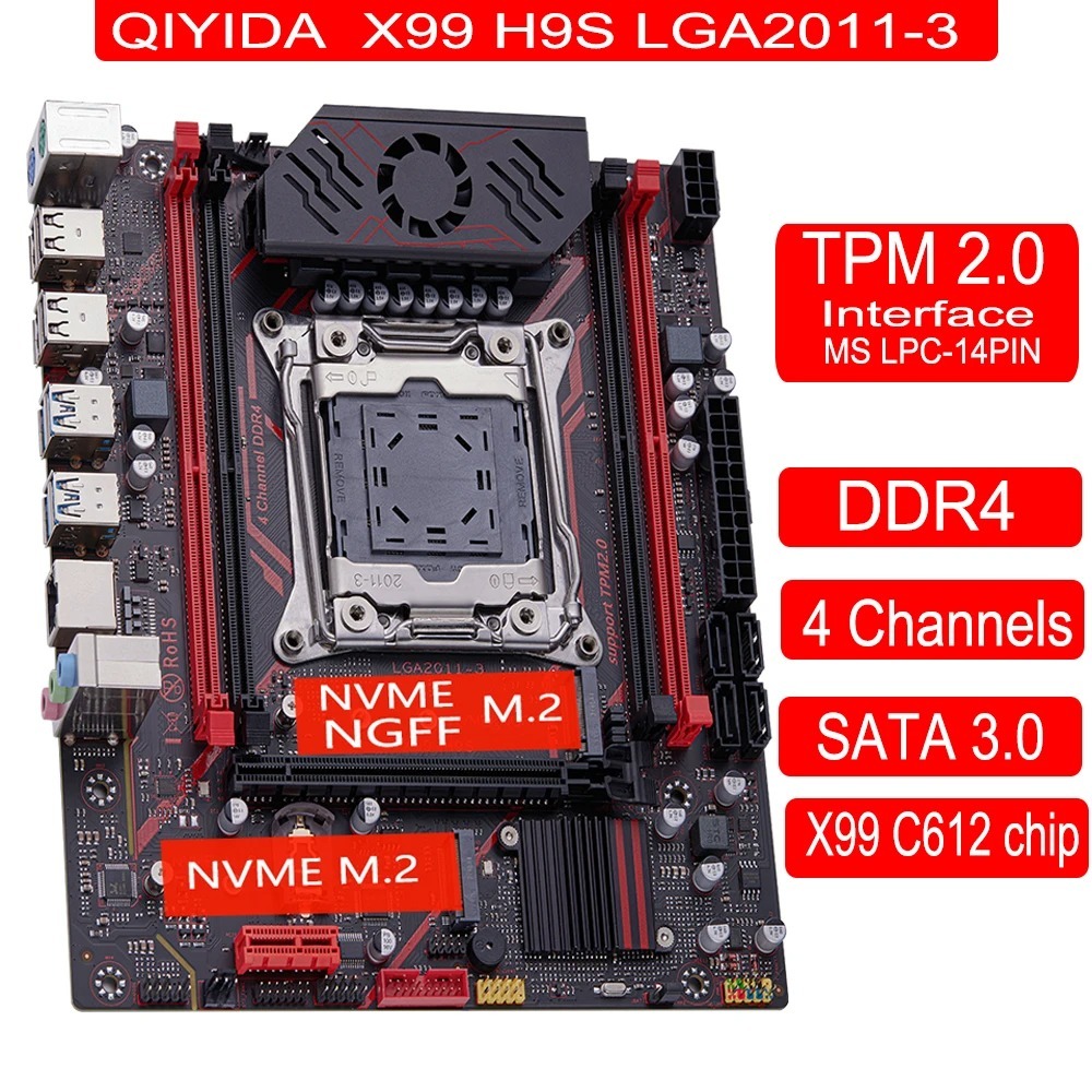Placa Mãe Qiyida X99 H9s Lga2011 V3/4 Nvme Ngff M.2 Tpm 2.0 Chipset C612 Quad Channel