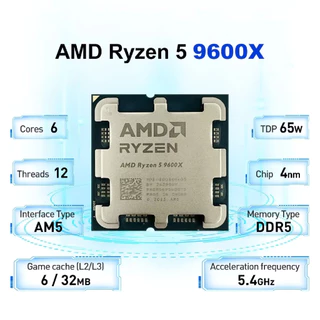 Processador AMD Ryzen 5 9600X, 3.9GHz (5.4GHz Turbo), 6-Cores 12-Threads, AM5