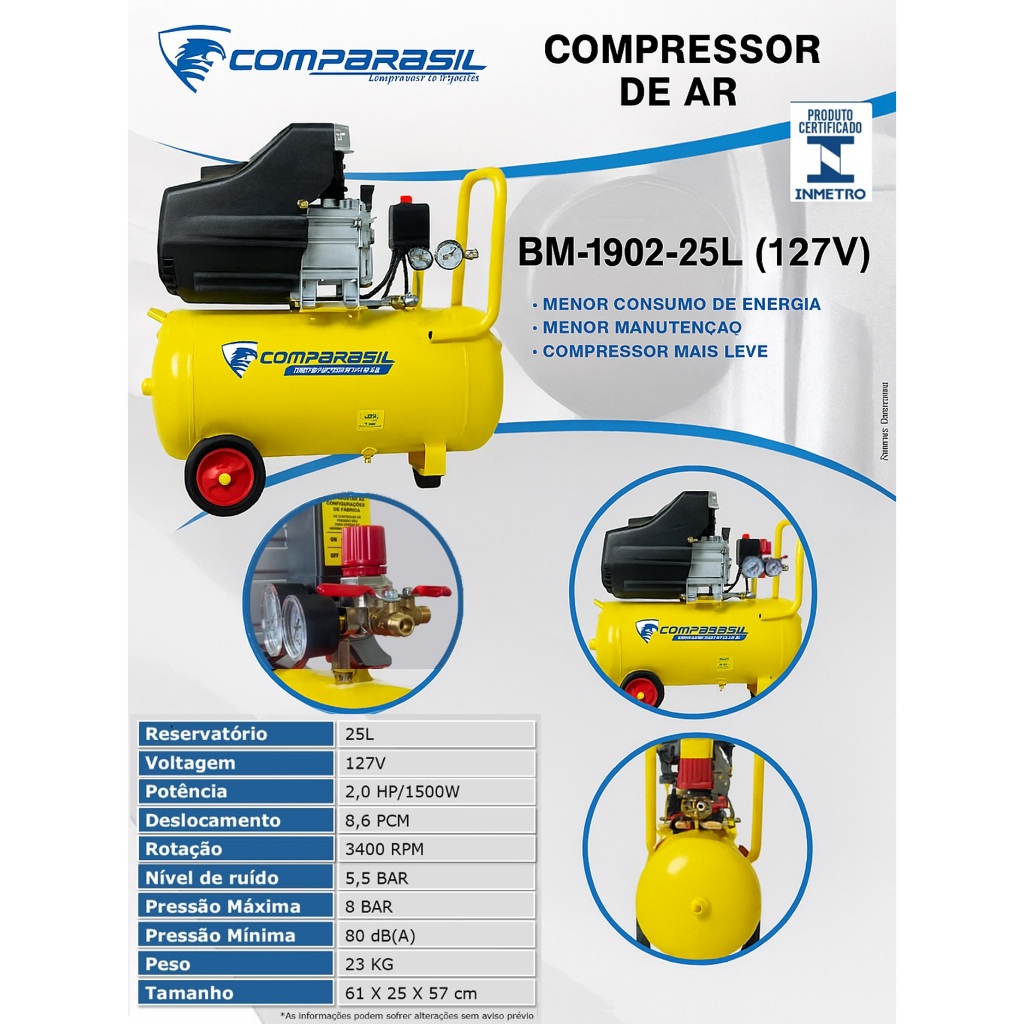 Moto Compressor 25L 2HP 1500W 2HP 8.6Pes Compbrasil - 127V
