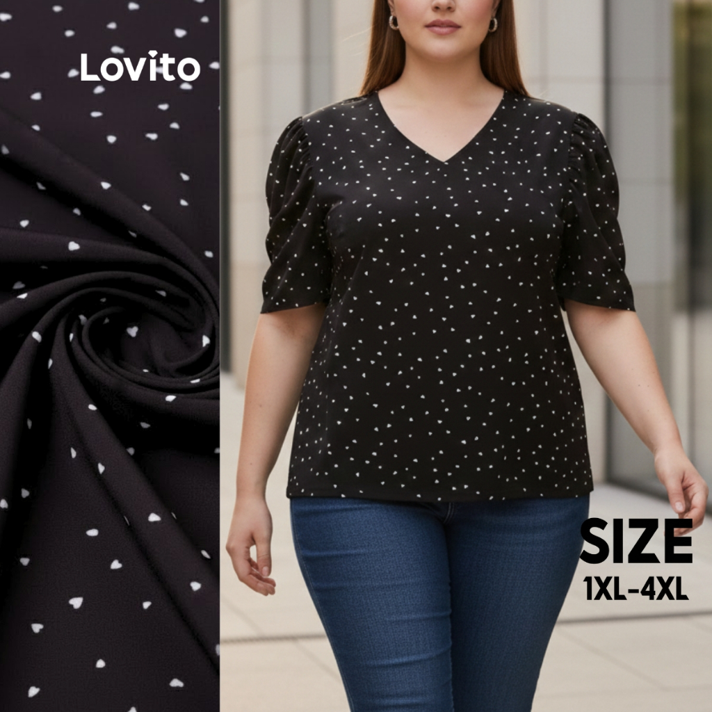 Lovito Blusa Feminina Plus Size Manga Curta Decote V Estampa Coração LB35BRL064