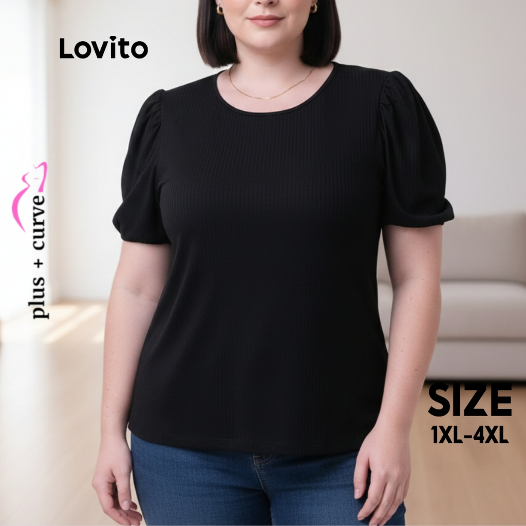 Lovito Camiseta Feminina Plus Size Manga Curta com Manga Bufante LB361BRL390