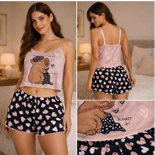 Pijama Feminino Baby Doll Estampa Capivara Estampado Ondinha Virginia curto curtinho sexy em Oferta na Shopee