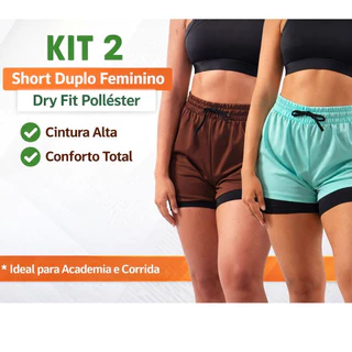 kit 2 Short Feminino Duplo Dry Fit Poliéster Fitness Academia Corrida Cintura Alta