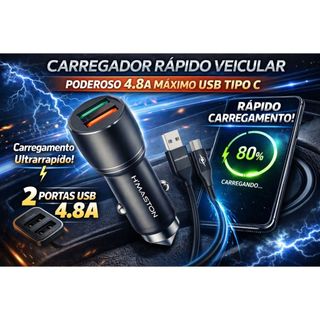 Carregador Rápido automotivo Veicular Poderoso 4.8a Máximo Usb Tipo C V8 LITE H-Maston L04-3   Preto