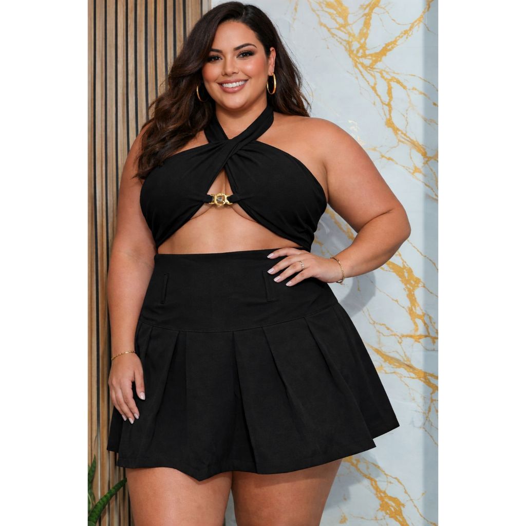 Plus Size Short Plissado Preto Plus Size Pleated Tennis Skirt With