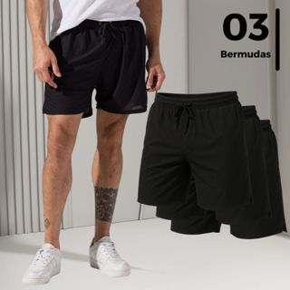 Kit 3 Bermudas Shorts Masculino 2 em 1 Compressão Bolso Interno Cordão Ajustável Tecido Respirável