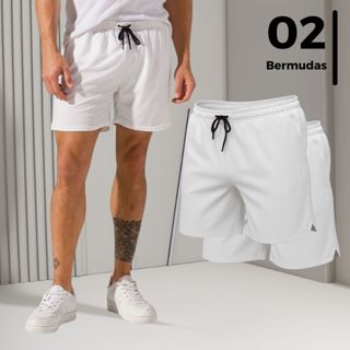 Kit 2 Bermudas Shorts Masculino 2 em 1 Compressão Bolso Interno Cordão Ajustável Tecido Respirável