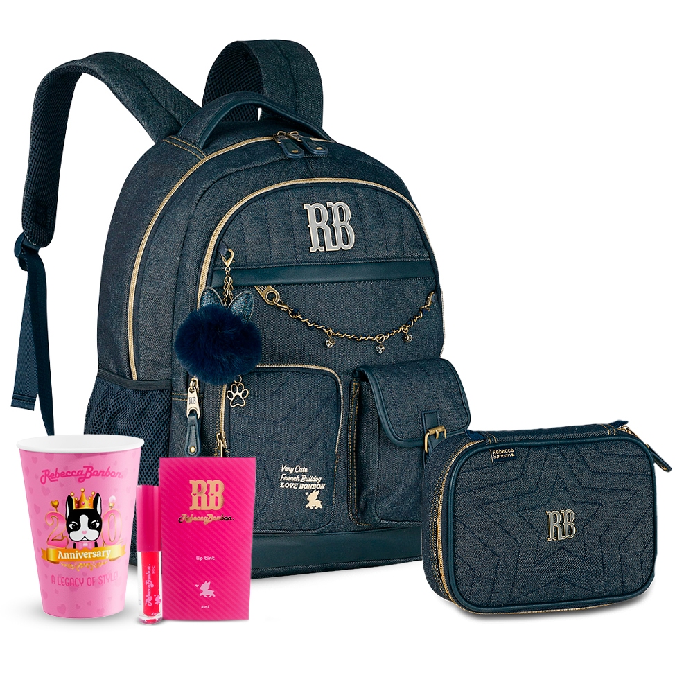 Kit Mochila Rebecca Bonbon Jeans Vintage Estojo Box Pompom Meninas