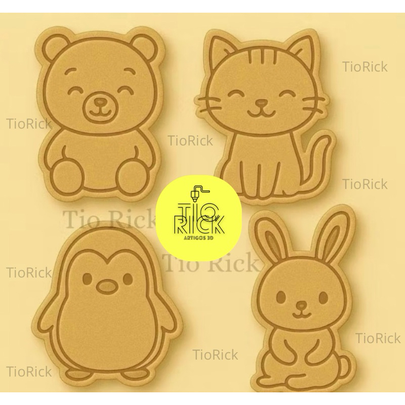 kit com 4 cortadores/moldes urcinho, gato, pinguim e coelho 
