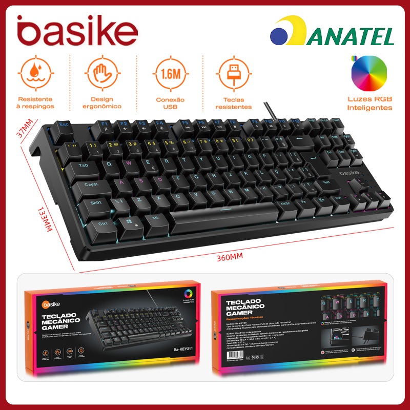 Basike Teclado Mecânico Switch Vermelho 89 / 106 Teclas，Teclado Gamer 26-Key Rollover Ergonômico，ABS Keycaps，RGB，key311