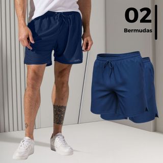 Kit 3 Bermudas Masculino 2 em 1 Compressão Bolso Interno Short Cordão Ajustável Tecido Respirável