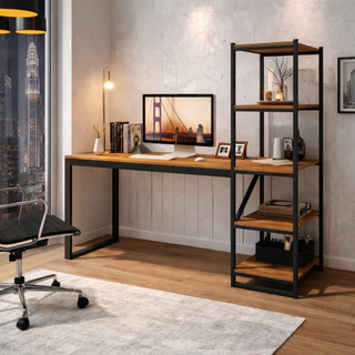 Escrivaninha Industrial com Estante Lateral 4 Prateleiras | Mesa Home Office Madeira Cor Canela