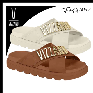 Sandália Feminina Vizzano Papete Tratorada Tiras em X Detalhe Dourado Metalizado da Marca Original