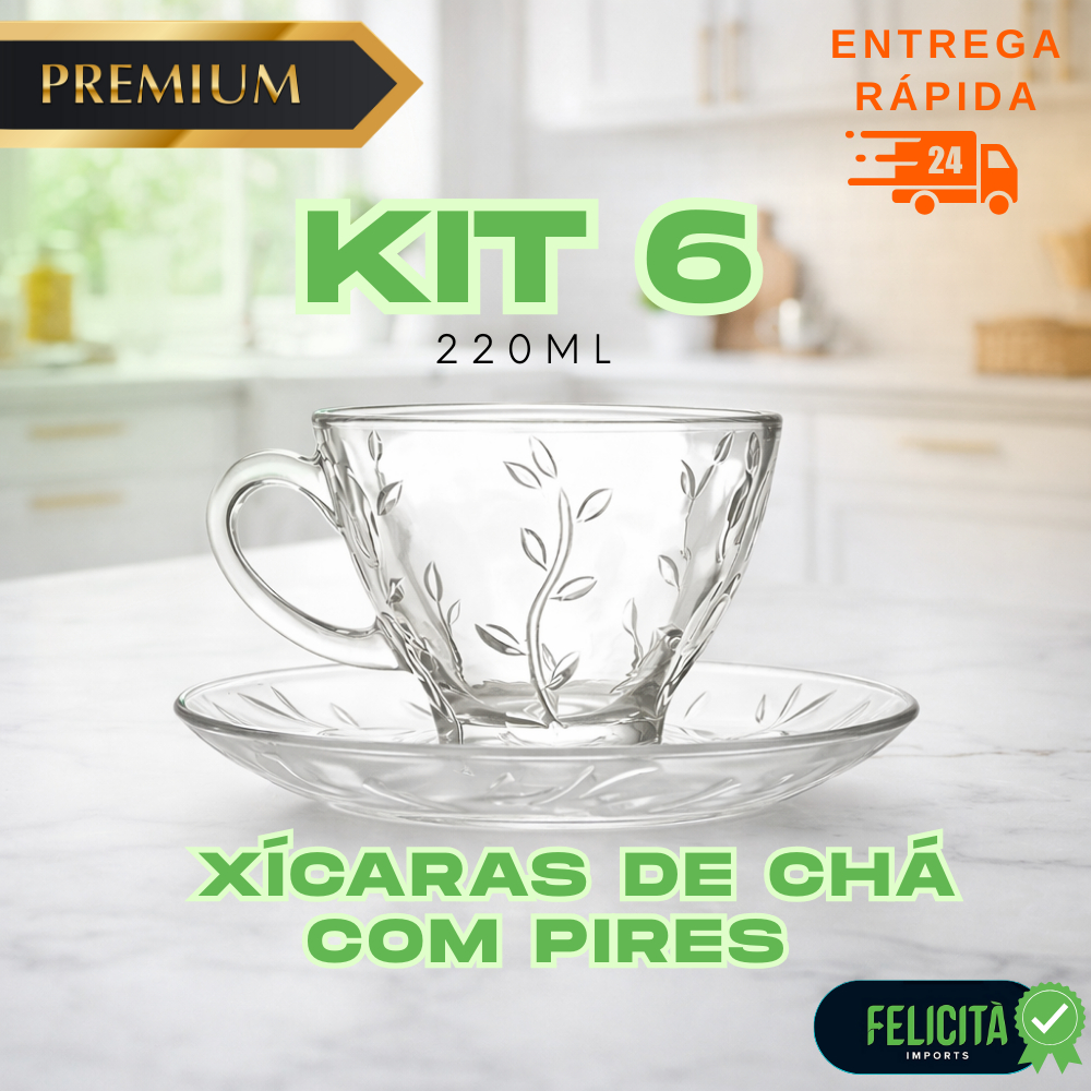 Jogo de Xícaras 220ml e Pires Vidro Transparente Design Moderno e Resistente a Altas Temperaturas