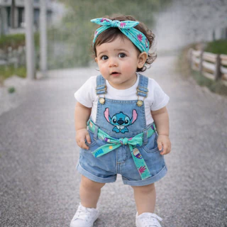 Macaquinho Jeans Bebê Menina P M G com Bordado Fofo, Alça Ajustável e Cintura Confortável Stitch
