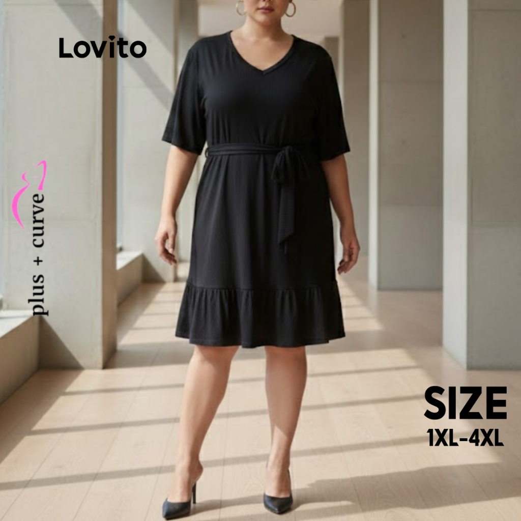 Lovito Vestido Plus Size Feminino Manga Curta Amarração na Cintura LB363BRL392