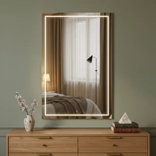 Espelho Retangular Jateado Fino 70x50cm Lapidado com LED 3 Cores Touch para Decoração e Maquiagem em Oferta na Shopee